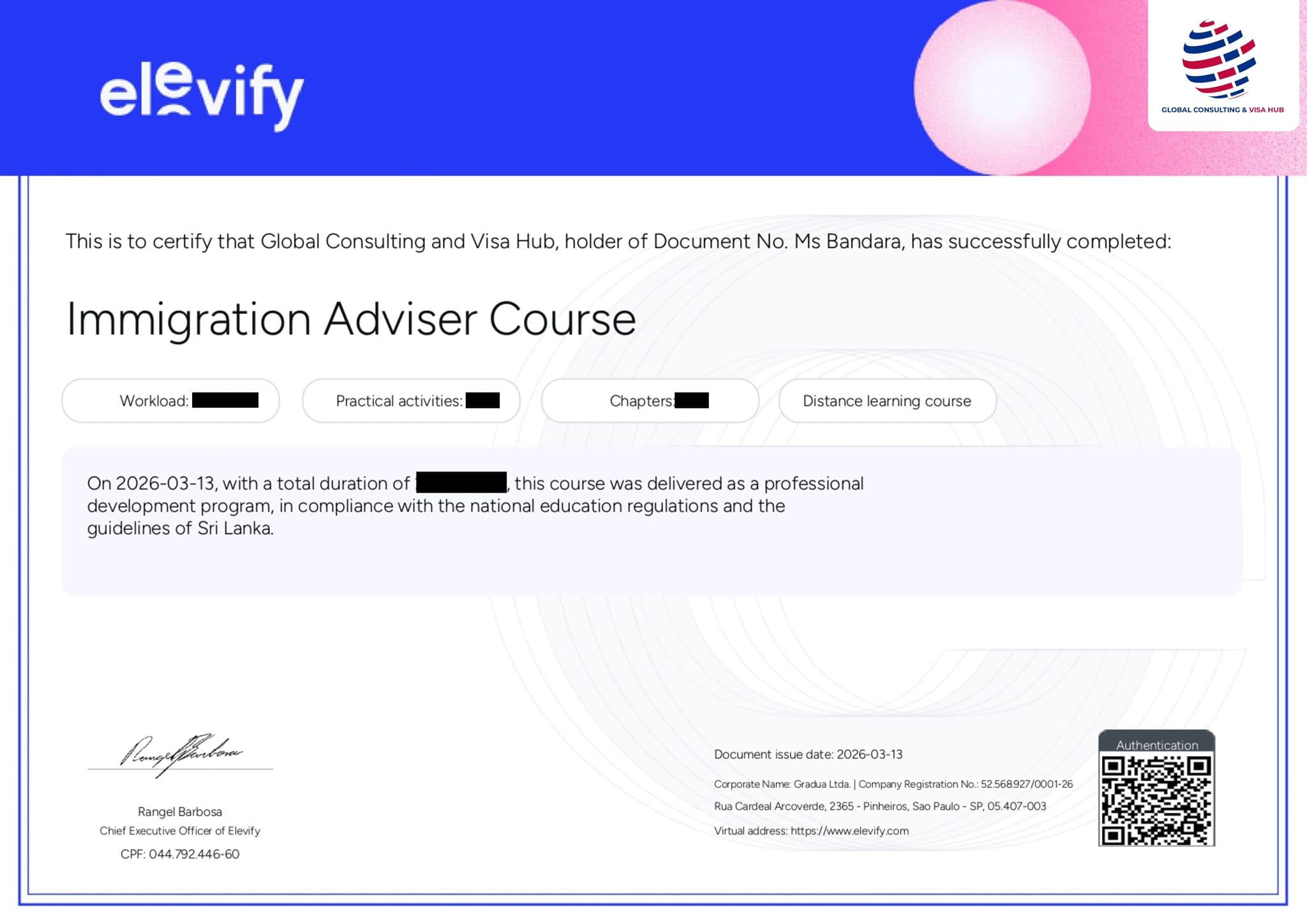 Immigration Adviser Course Certificate